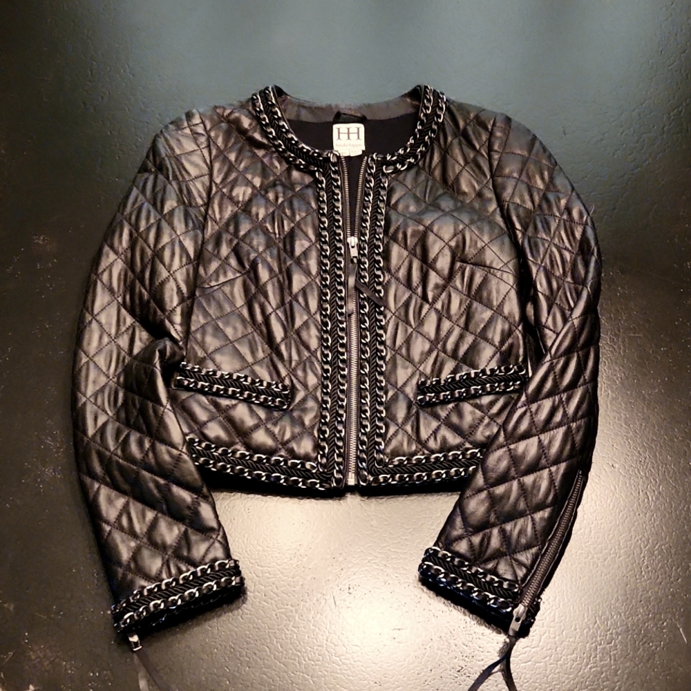 XS Haute Hippie Black Quilted Biker Jacket with chain trim